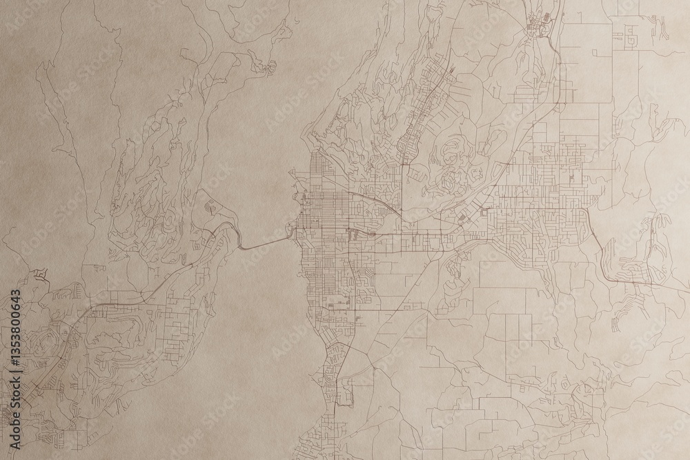 Map of Kelowna (Canada) on an old vintage sheet of paper. Retro style grunge paper with light coming from right. 3d render