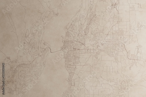 Obraz na płótnie Map of Kelowna (Canada) on an old vintage sheet of paper. Retro style grunge paper with light coming from right. 3d render w salonie