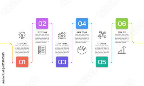 Infographic colorful line with number 6 options or steps to success . Presentation, Report, Data, Strategy and Plan. Vector illustration.