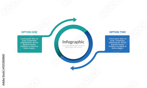 Infographic template comparing 2 options. Presentation, Report, Data, Information and Plan. Vector illustration.