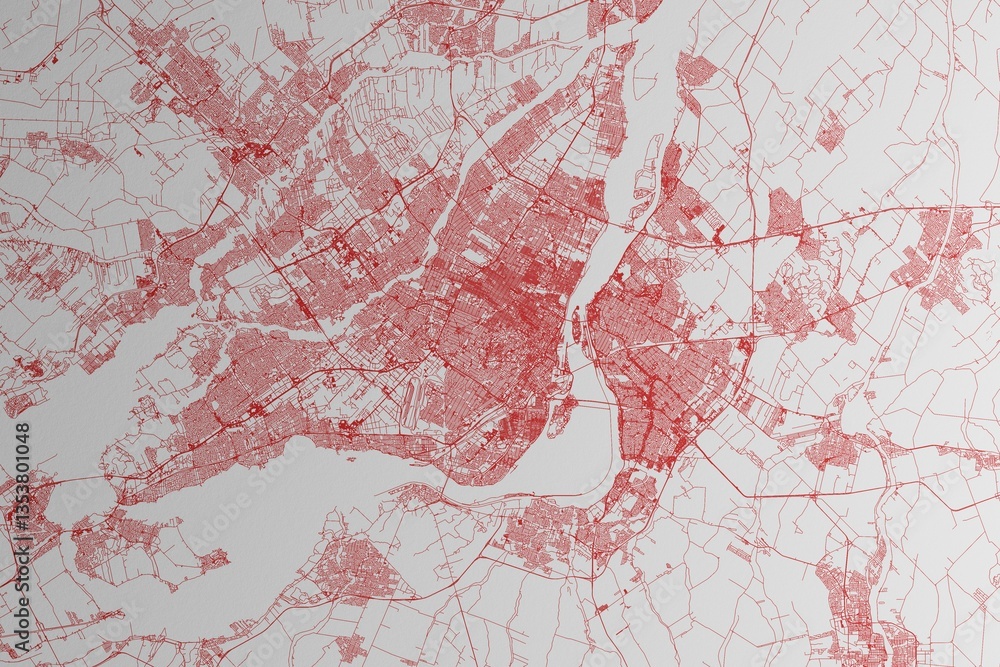 Map of the streets of Montreal (Canada) made with red lines on white paper. 3d render, illustration