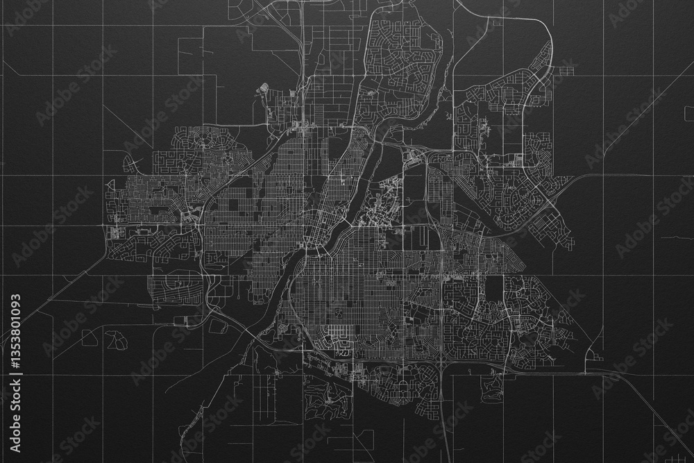Street map of Saskatoon (Canada) on black paper with light coming from top