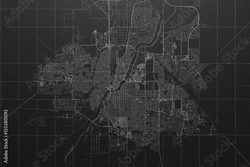 Street map of Saskatoon (Canada) on black paper with light coming from top