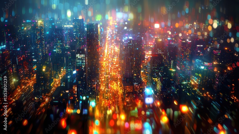 Stunning view of a city at night with twinkling lights and vibrant urban life below Stunning view of a city at night with twinkling lights and vibrant urban life below