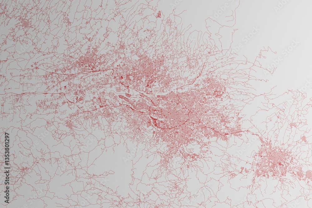 Map of the streets of San Jose (Costa Rica) made with red lines on white paper. 3d render, illustration