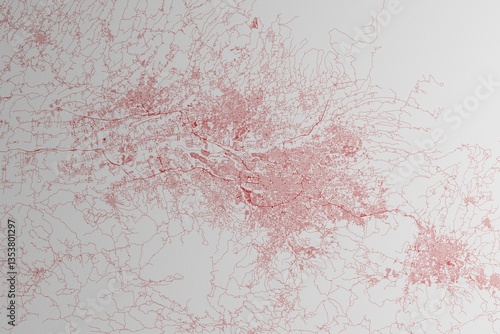 Obraz na płótnie Map of the streets of San Jose (Costa Rica) made with red lines on white paper. 3d render, illustration w salonie