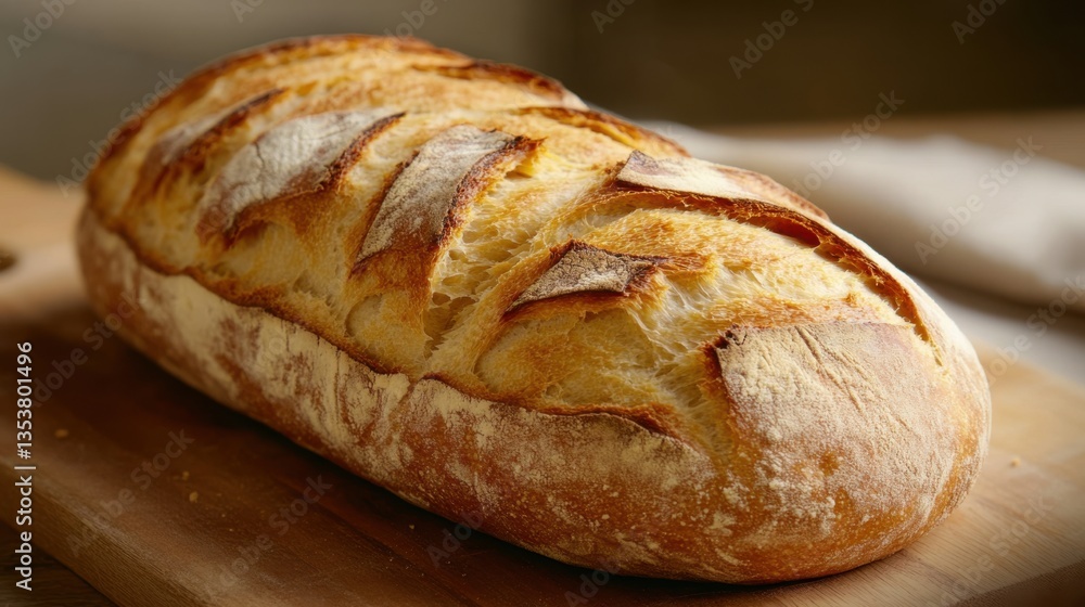 Freshly Baked Artisan Bread Loaf on Wooden Cutting Board with Crispy Crust and Tender Inside Freshly Baked Artisan Bread Loaf on Wooden Cutting Board with Crispy Crust and Tender Inside