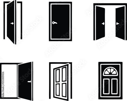 Different opened doors icons set. Vector illustration