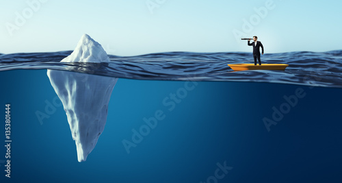 Fotografie Businessman on small boat looking through telescope at iceberg, symbolizing hidden risks and challenges beneath the surface