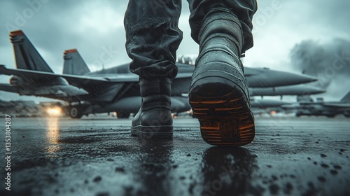 Close-up of a person walking on a wet runway towards fighter jets under a rainy sky