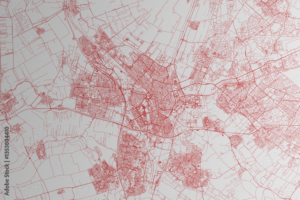 Map of the streets of Utrecht (Netherlands) made with red lines on white paper. 3d render, illustration