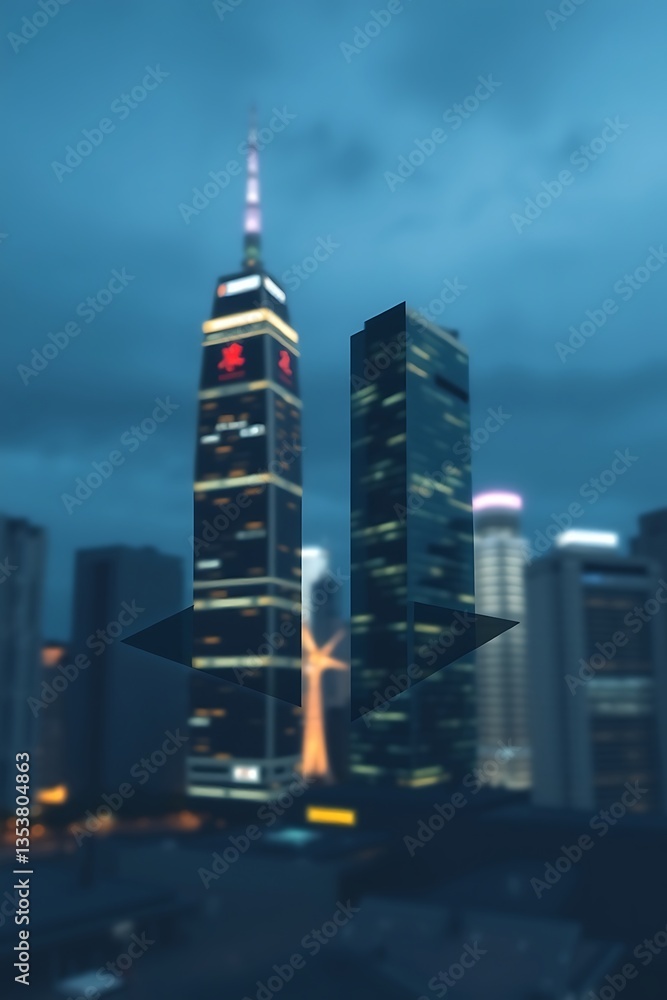 Obraz premium Two skyscrapers at dusk, city lights blurred.