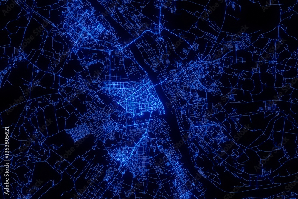 Street map of Yaroslavl (Russia) made with blue illumination and glow effect. Top view on roads network