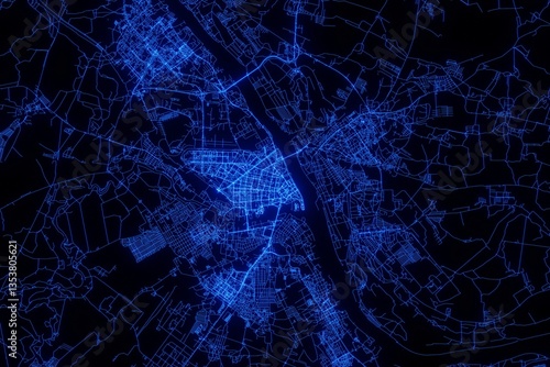 Obraz na płótnie Street map of Yaroslavl (Russia) made with blue illumination and glow effect. Top view on roads network w salonie