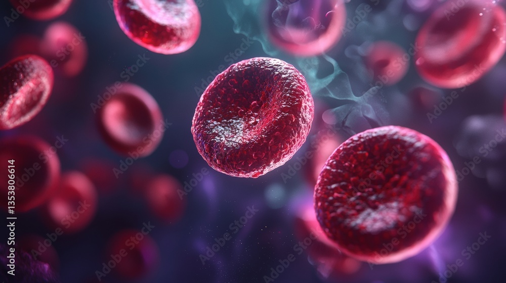 Close-Up View of Human Red Blood Cells Floating in a Colorful Abstract Background with Ethereal Effects Close-Up View of Human Red Blood Cells Floating in a Colorful Abstract Background with Ethereal Effects
