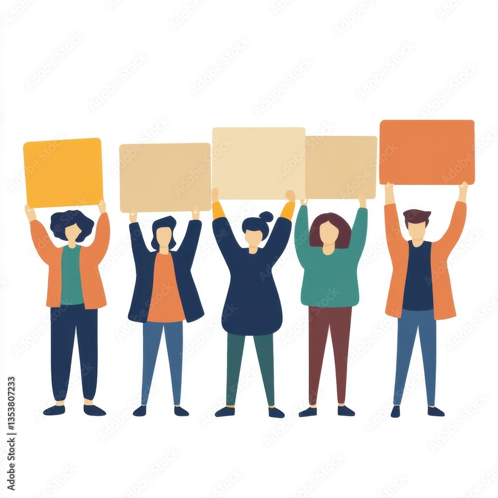 Fototapeta premium Teamwork and collaboration Flat Art Style Icon. Diverse Group of People Holding Blank Signs in a Colorful Illustration