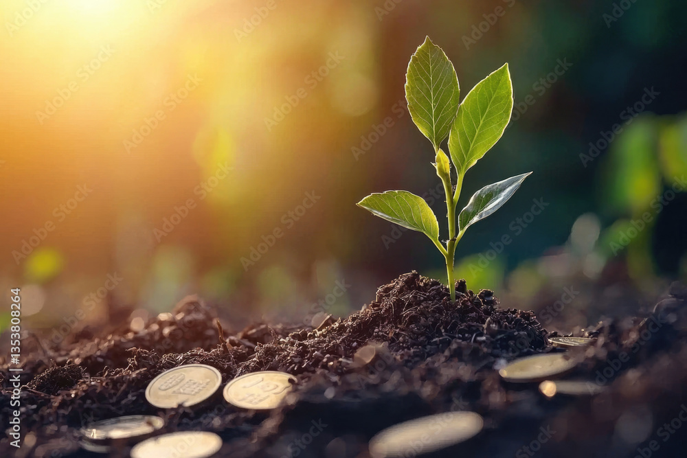 A young plant sprout emerging from the soil with coins scattered around it, symbolizing growth and investment A young plant sprout emerging from the soil with coins scattered around it, symbolizing growth and investment