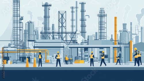 Industrial Workers in Oil Refinery: Illustrative Scene of Labor and Machinery in a Modern Factory Environment with Equipment and Safety Practices