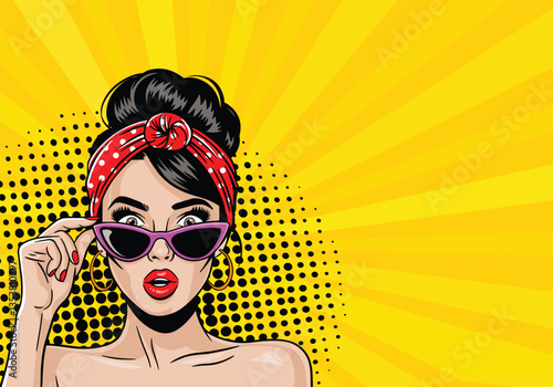 Beautiful surprised woman lowered her sunglasses. Vector colorful background in pop art retro comics style.
