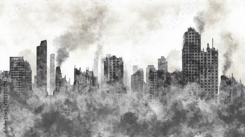 Post Apocalyptic Cityscape: Ruins and Smoke in a Desolate Urban Landscape