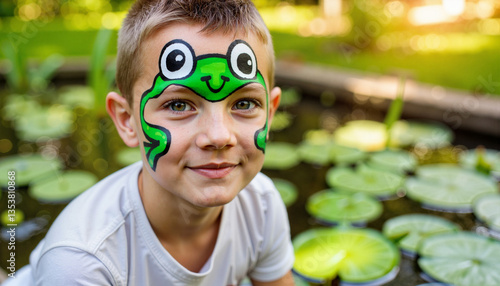 Boy with frog face paint smiling by garden pond, joyful creativity