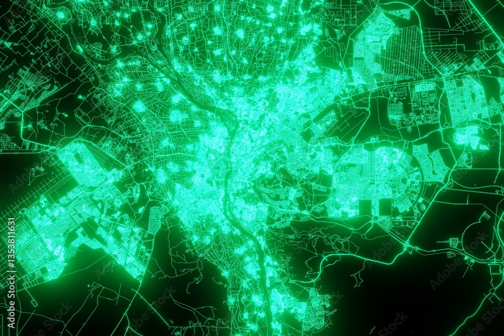 Map of the streets of Cairo (Egypt) made with green illumination and glow effect. Top view on roads network. 3d render, illustration