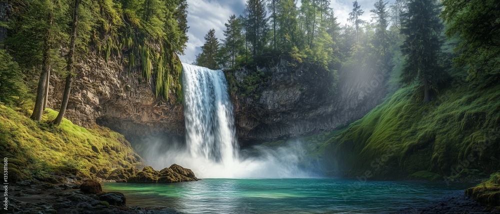 A spectacular, untouched wilderness scene featuring a mighty waterfall crashing down a mossy cliffside into a crystal-clear, blue-green basin. A spectacular, untouched wilderness scene featuring a mighty waterfall crashing down a mossy cliffside into a crystal-clear, blue-green basin.