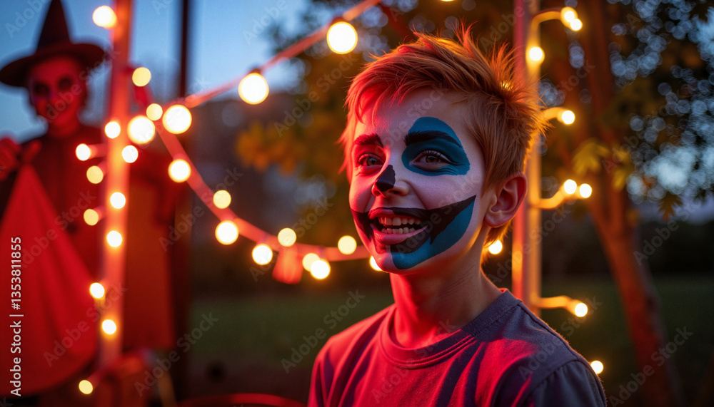Joyful boy with monster face paint at Halloween party, festive spirit