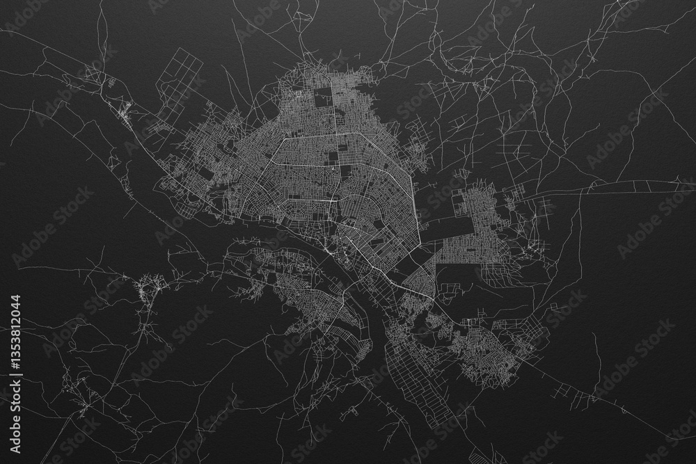 Street map of Niamey (Niger) on black paper with light coming from top