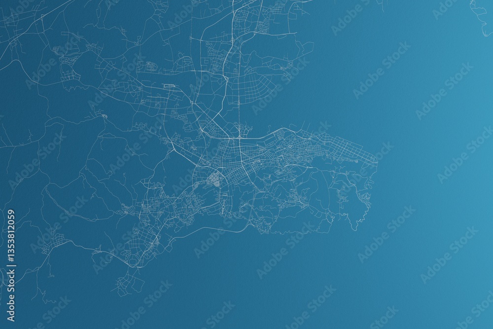 Map of the streets of Dalian (China) made with white lines on blue paper. Rough background. 3d render, illustration
