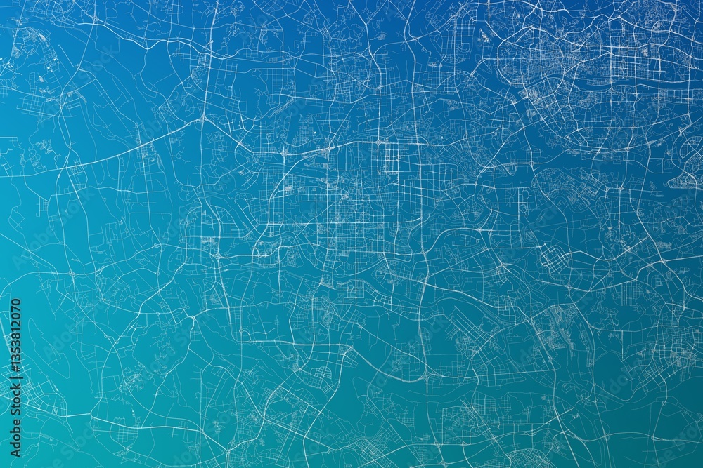 Map of the streets of Foshan (China) made with white lines on greenish blue gradient background. 3d render, illustration