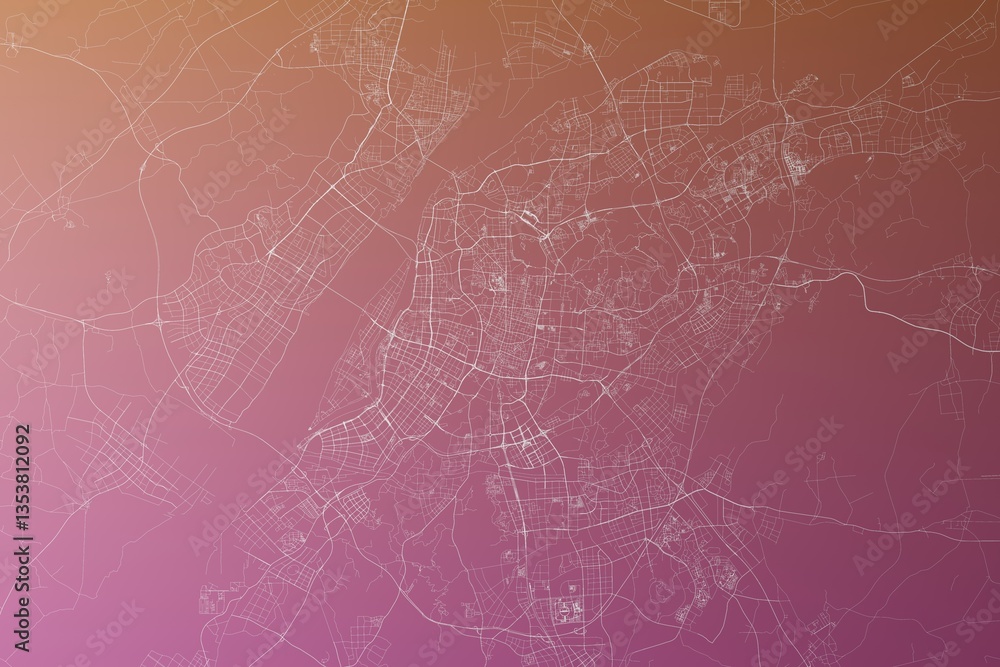 Map of the streets of Nanjing (China) made with white lines on pinkish red gradient background. Top view. 3d render, illustration