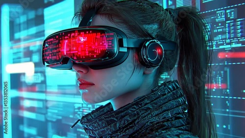 Woman in VR Headset Amidst a Cyberpunk Digital Interface