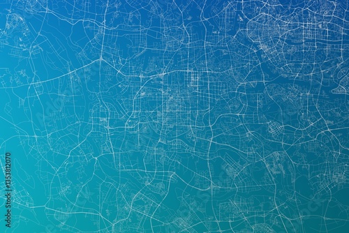Obraz na płótnie Map of the streets of Foshan (China) made with white lines on greenish blue gradient background. 3d render, illustration w salonie
