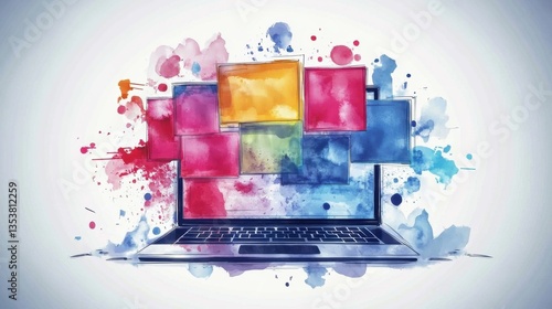 Vibrant Digital Art Exploding from Laptop Screen Watercolor Splatter Design Multimedia Creativity Concept