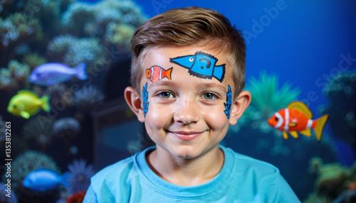 Happy boy with aquatic face paint at aquarium, marine exploration