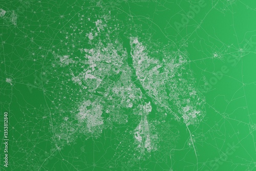 Map of the streets of New Delhi (India) made with white lines on green paper. Rough background. 3d render, illustration