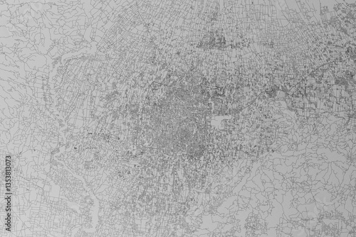 Map of the streets of Yogyakarta (Indonesia) made with black lines on grey paper. Top view. 3d render, illustration