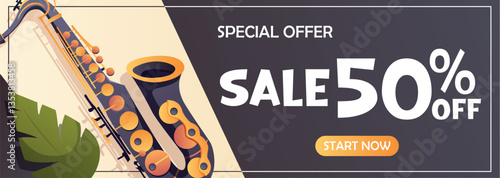 Horizontal music banner with saxophone and discount message. Great for sales, promos, ads and music product promotions online or offline.