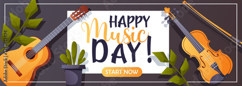 Horizontal music banner with guitar and violin to celebrate music day. Suitable for ads, posters, greetings and online promotion.