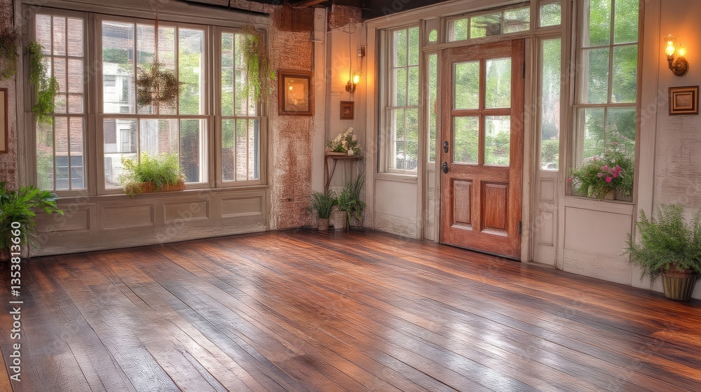 Historic interior with hardwood floors and large windows Historic interior with hardwood floors and large windows