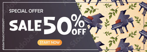 Horizontal music banner with grand piano pattern and green leaves. Great for elegant discount offers, music ads, and seasonal sales.

