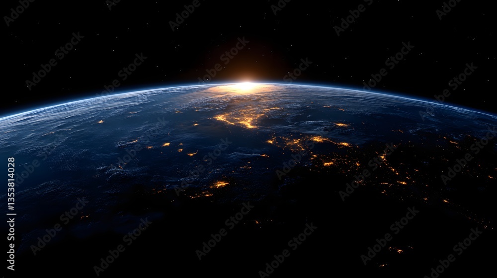 Obraz premium Sunrise over Earth from Space, City Lights Visible