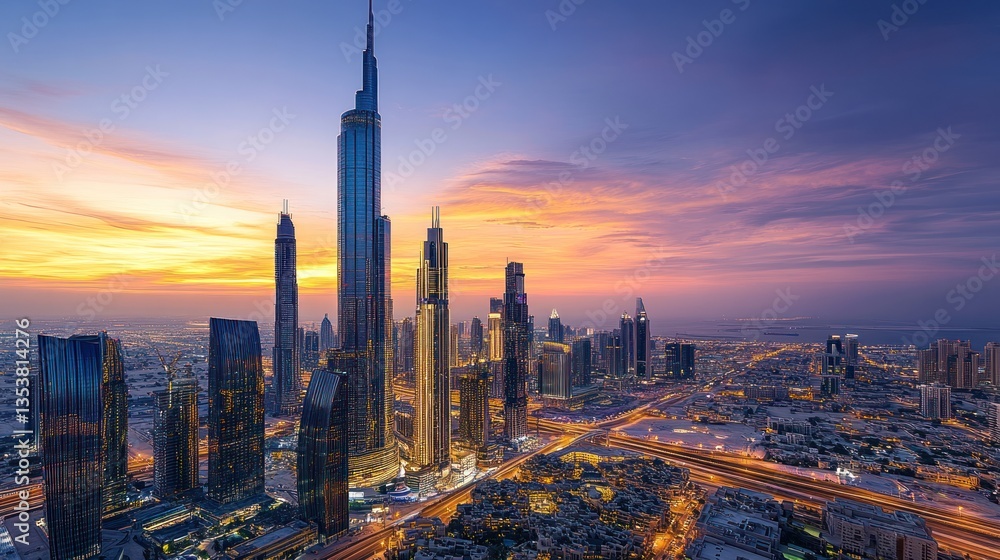 Naklejka premium Dubai's Dazzling Skyline Shimmers at Twilight, a Symphony of Architectural Grandeur