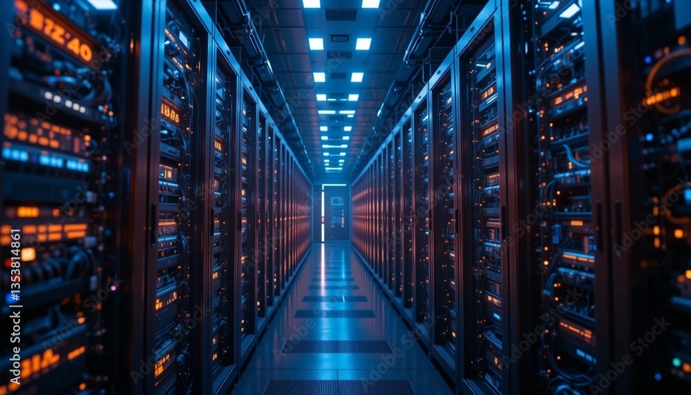 Fototapeta premium Futuristic Data Center with Glowing LED Server Racks – High-Tech Network Infrastructure.