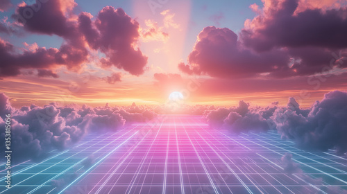 Retro synthwave landscape with sunrise, clouds and grid