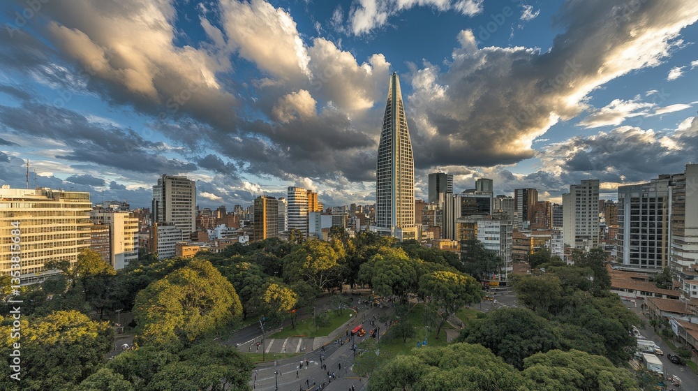 Obraz premium Geometric cityscape view in Bogot, with a triangular-shaped building rising against a dynamic clouded sky.
