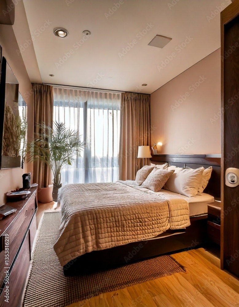 A tranquil bedroom with soft lighting that highlights the richness of walnut wood and pastel. A tranquil bedroom with soft lighting that highlights the richness of walnut wood and pastel.
