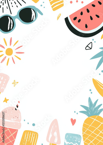 A white blank page surrounded by a colorful summer-themed border, featuring pastel colors, ice cream, watermelon, sunglasses, pineapples in the corners, a sun, and a llama wearing sunglasses. Perfect 