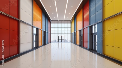 Modern corridor with colorful walls and bright lighting.